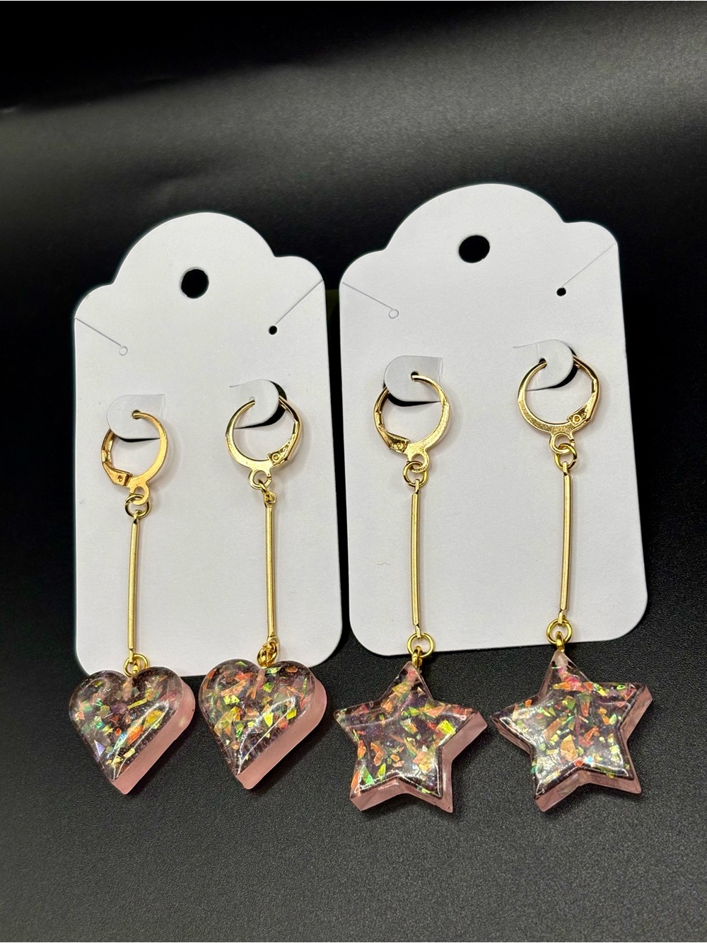 Hearts and Stars Dangle Earrings- Pink Iridescent